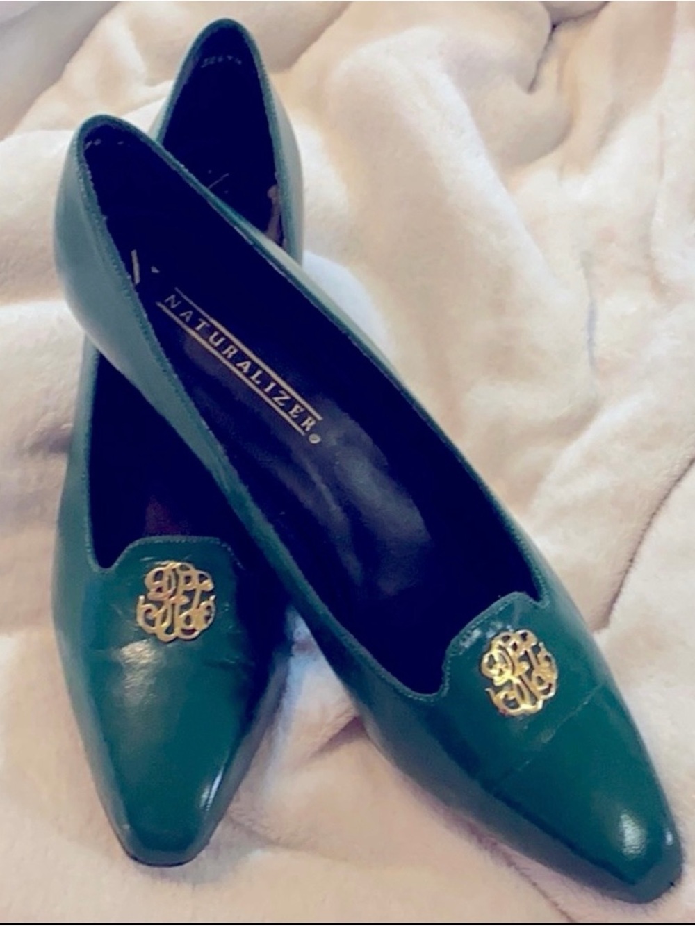 Naturalizer Teal Pointed Toe Flats with Gold Medallion